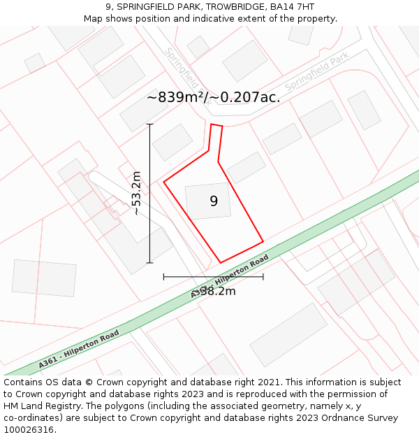 9, SPRINGFIELD PARK, TROWBRIDGE, BA14 7HT: Plot and title map