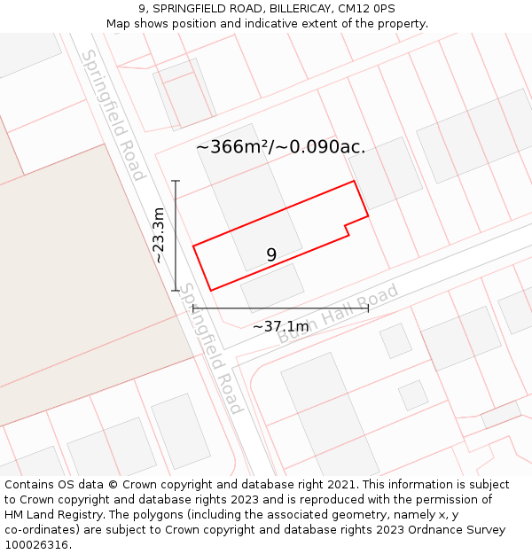 9, SPRINGFIELD ROAD, BILLERICAY, CM12 0PS: Plot and title map