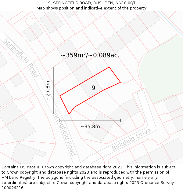 9, SPRINGFIELD ROAD, RUSHDEN, NN10 0QT: Plot and title map
