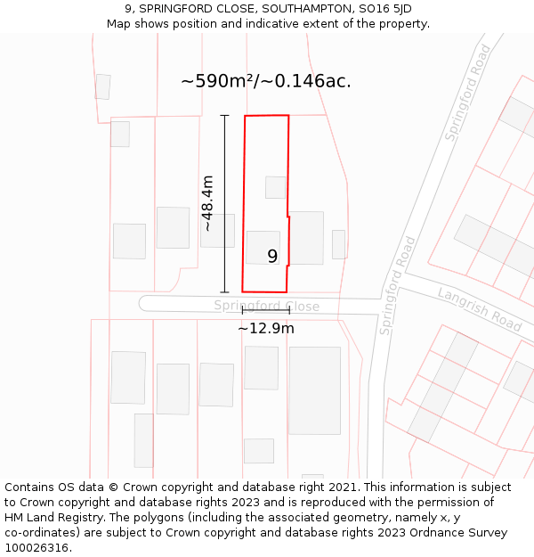 9, SPRINGFORD CLOSE, SOUTHAMPTON, SO16 5JD: Plot and title map
