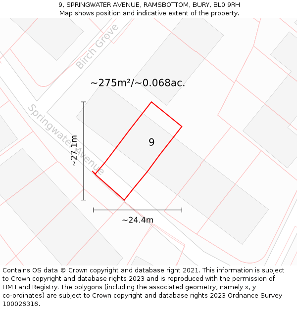 9, SPRINGWATER AVENUE, RAMSBOTTOM, BURY, BL0 9RH: Plot and title map