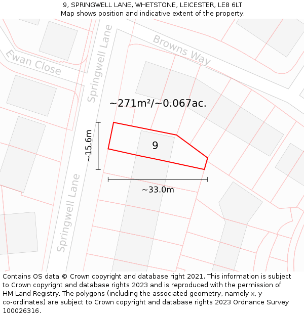 9, SPRINGWELL LANE, WHETSTONE, LEICESTER, LE8 6LT: Plot and title map