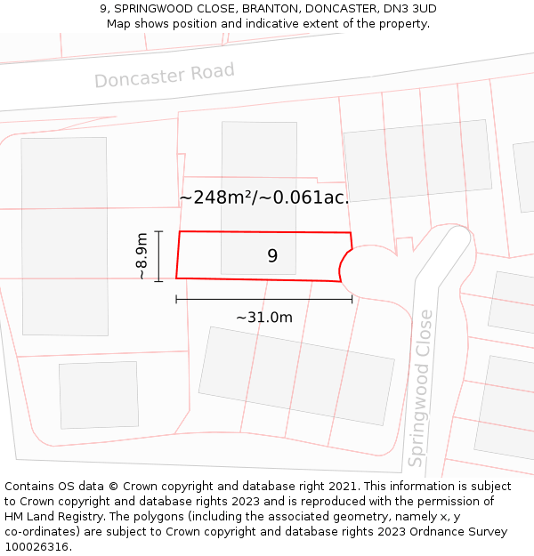 9, SPRINGWOOD CLOSE, BRANTON, DONCASTER, DN3 3UD: Plot and title map