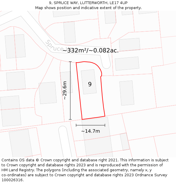 9, SPRUCE WAY, LUTTERWORTH, LE17 4UP: Plot and title map