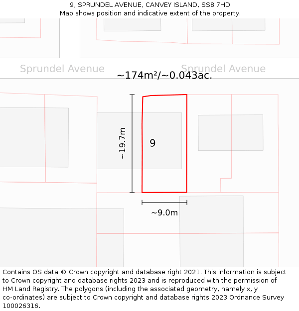 9, SPRUNDEL AVENUE, CANVEY ISLAND, SS8 7HD: Plot and title map