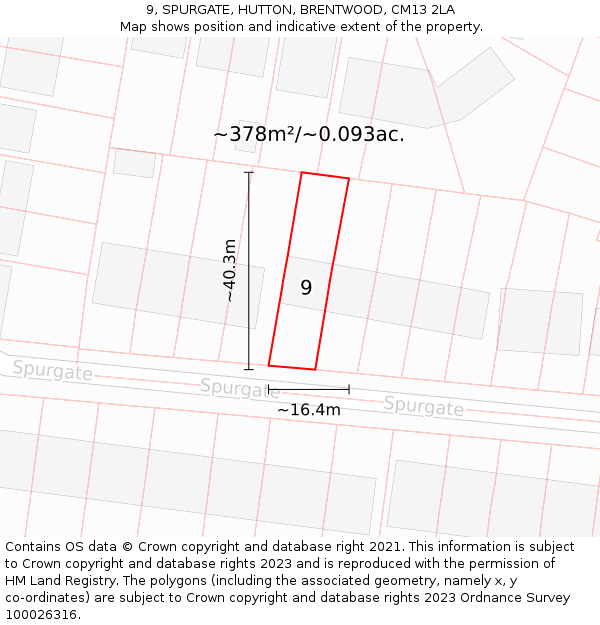 9, SPURGATE, HUTTON, BRENTWOOD, CM13 2LA: Plot and title map