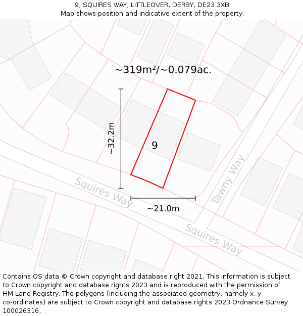 9, SQUIRES WAY, LITTLEOVER, DERBY, DE23 3XB: Plot and title map