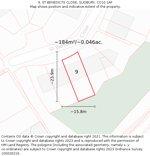 9, ST BENEDICTS CLOSE, SUDBURY, CO10 1AF: Plot and title map
