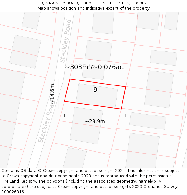 9, STACKLEY ROAD, GREAT GLEN, LEICESTER, LE8 9FZ: Plot and title map