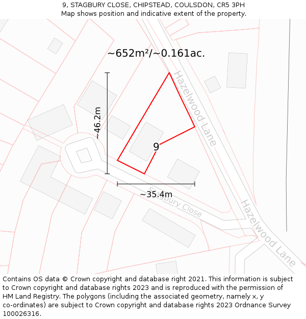 9, STAGBURY CLOSE, CHIPSTEAD, COULSDON, CR5 3PH: Plot and title map