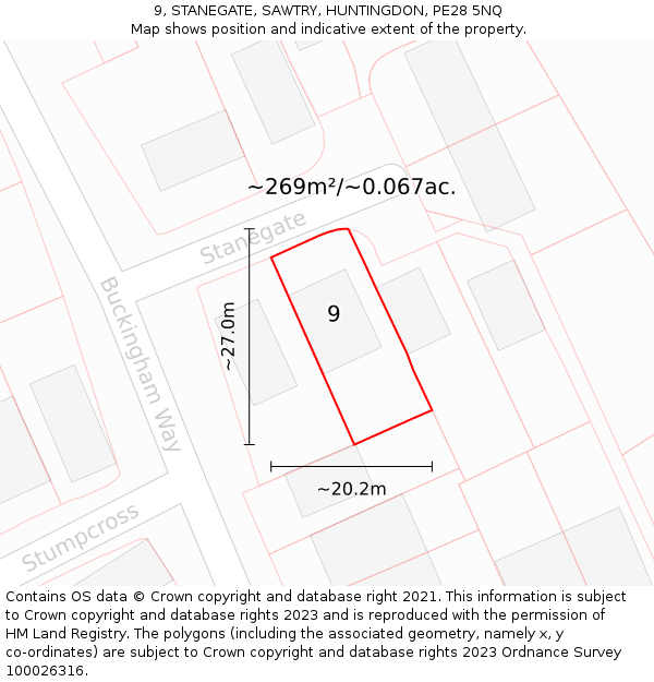 9, STANEGATE, SAWTRY, HUNTINGDON, PE28 5NQ: Plot and title map