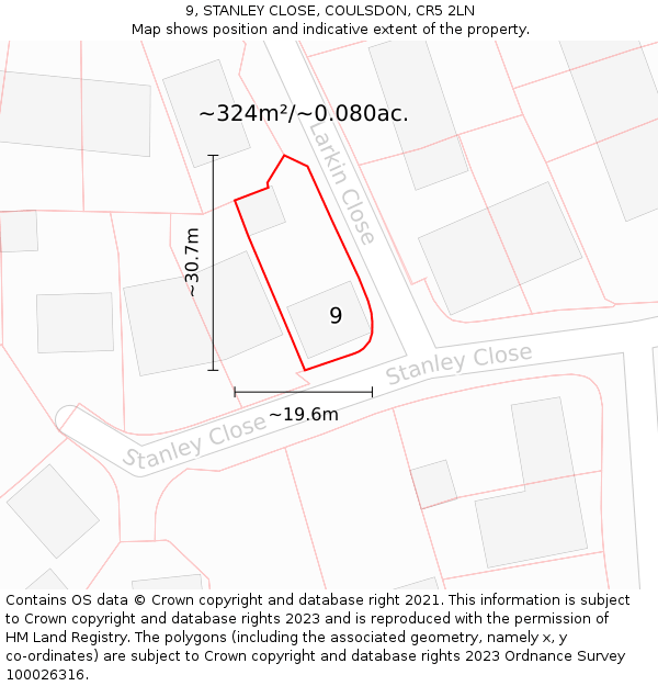 9, STANLEY CLOSE, COULSDON, CR5 2LN: Plot and title map