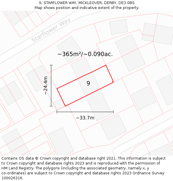 9, STARFLOWER WAY, MICKLEOVER, DERBY, DE3 0BS: Plot and title map