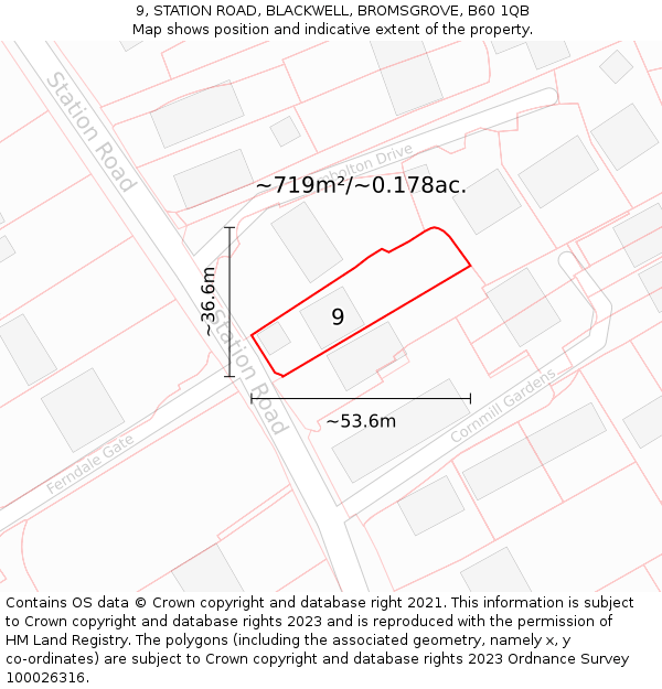 9, STATION ROAD, BLACKWELL, BROMSGROVE, B60 1QB: Plot and title map