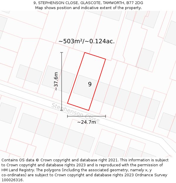 9, STEPHENSON CLOSE, GLASCOTE, TAMWORTH, B77 2DG: Plot and title map