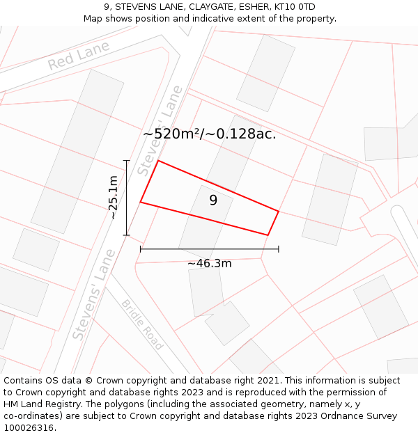 9, STEVENS LANE, CLAYGATE, ESHER, KT10 0TD: Plot and title map