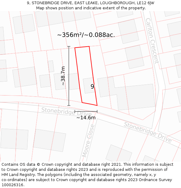 9, STONEBRIDGE DRIVE, EAST LEAKE, LOUGHBOROUGH, LE12 6JW: Plot and title map