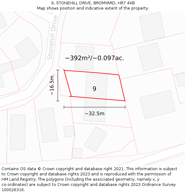 9, STONEHILL DRIVE, BROMYARD, HR7 4XB: Plot and title map