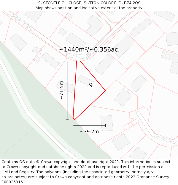 9, STONELEIGH CLOSE, SUTTON COLDFIELD, B74 2QS: Plot and title map