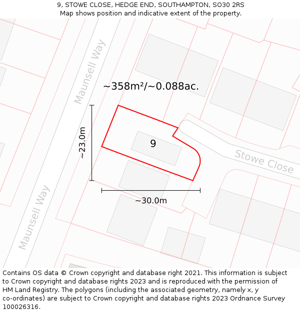 9, STOWE CLOSE, HEDGE END, SOUTHAMPTON, SO30 2RS: Plot and title map