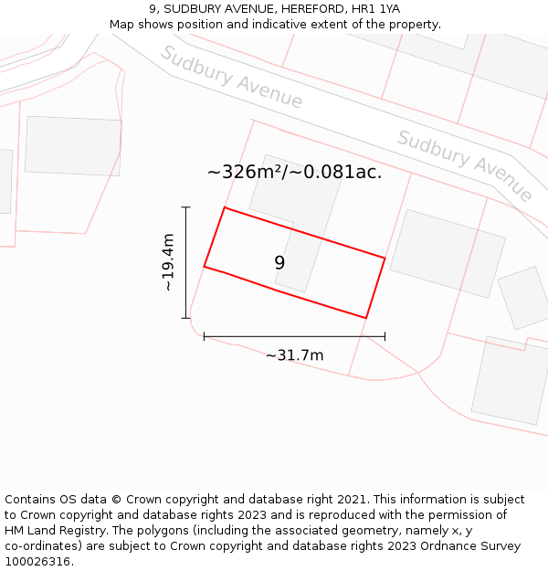 9, SUDBURY AVENUE, HEREFORD, HR1 1YA: Plot and title map