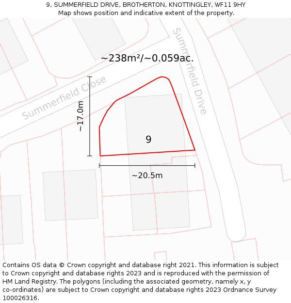 9, SUMMERFIELD DRIVE, BROTHERTON, KNOTTINGLEY, WF11 9HY: Plot and title map
