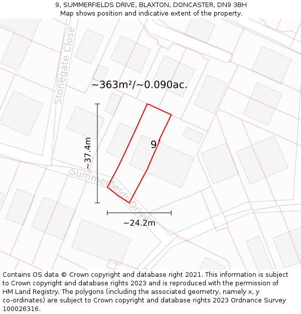 9, SUMMERFIELDS DRIVE, BLAXTON, DONCASTER, DN9 3BH: Plot and title map