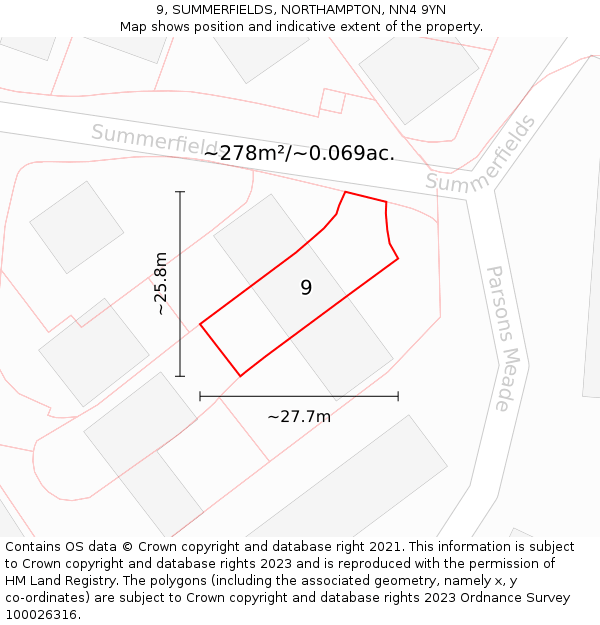 9, SUMMERFIELDS, NORTHAMPTON, NN4 9YN: Plot and title map