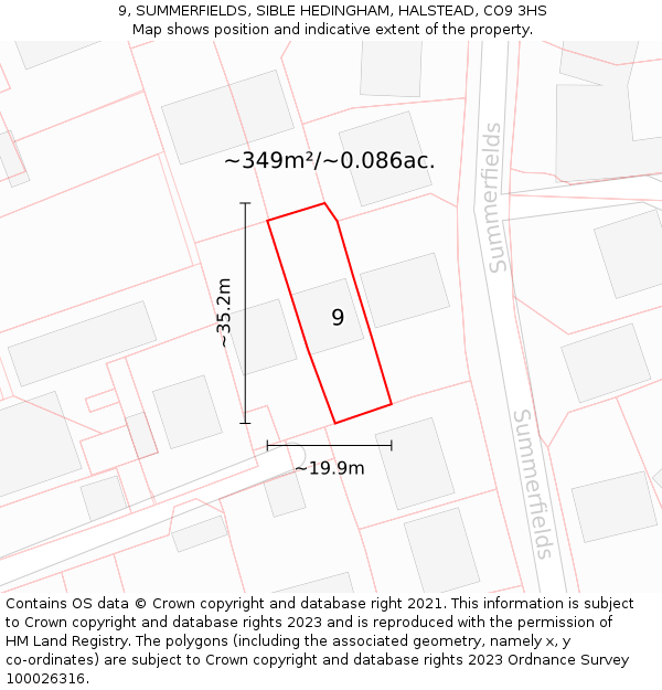 9, SUMMERFIELDS, SIBLE HEDINGHAM, HALSTEAD, CO9 3HS: Plot and title map