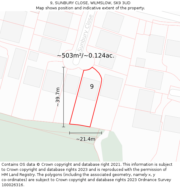9, SUNBURY CLOSE, WILMSLOW, SK9 3UD: Plot and title map