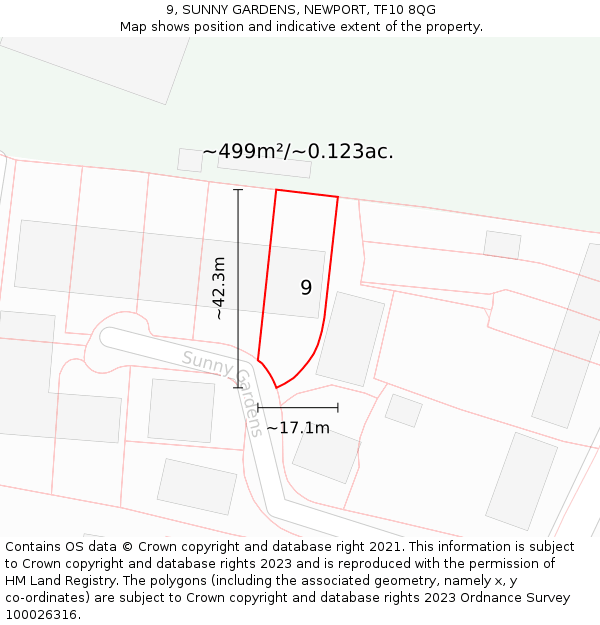 9, SUNNY GARDENS, NEWPORT, TF10 8QG: Plot and title map