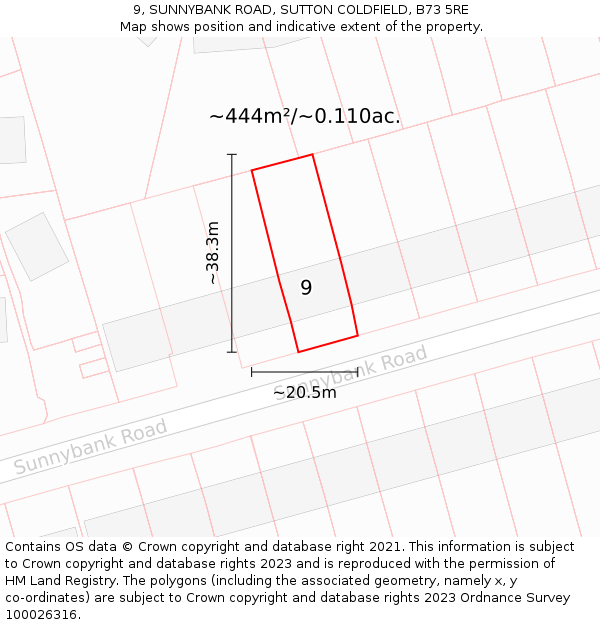 9, SUNNYBANK ROAD, SUTTON COLDFIELD, B73 5RE: Plot and title map