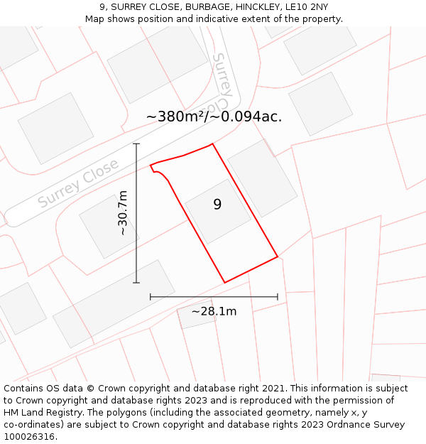 9, SURREY CLOSE, BURBAGE, HINCKLEY, LE10 2NY: Plot and title map