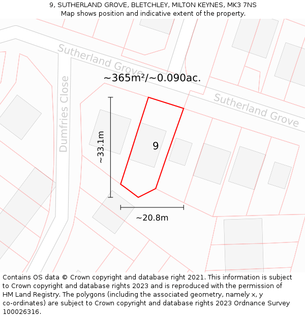 9, SUTHERLAND GROVE, BLETCHLEY, MILTON KEYNES, MK3 7NS: Plot and title map