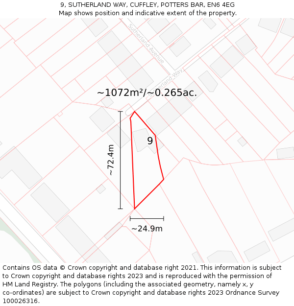 9, SUTHERLAND WAY, CUFFLEY, POTTERS BAR, EN6 4EG: Plot and title map