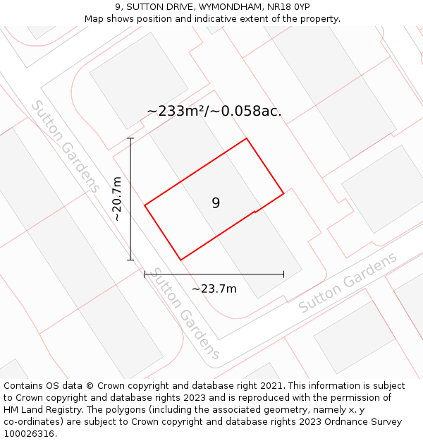 9, SUTTON DRIVE, WYMONDHAM, NR18 0YP: Plot and title map