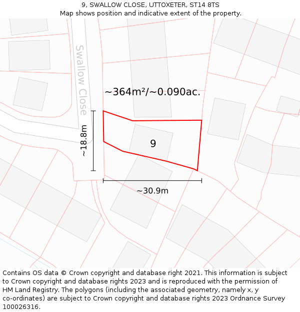9, SWALLOW CLOSE, UTTOXETER, ST14 8TS: Plot and title map