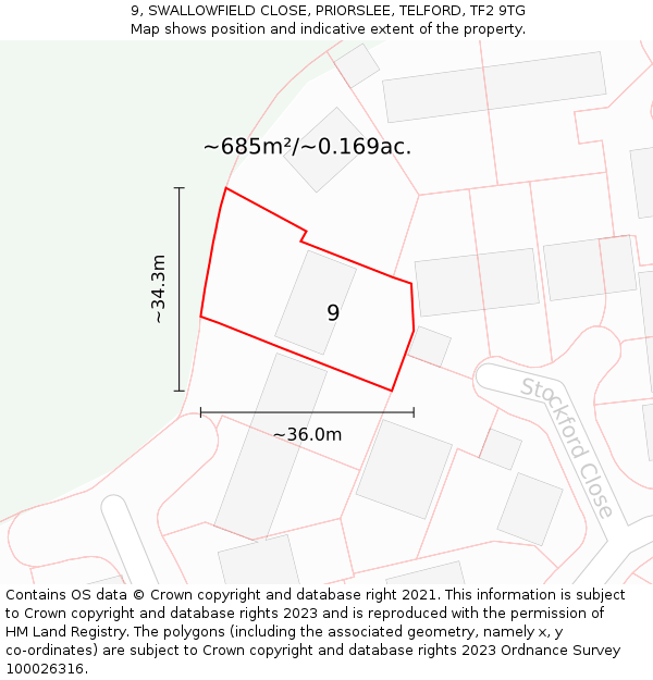 9, SWALLOWFIELD CLOSE, PRIORSLEE, TELFORD, TF2 9TG: Plot and title map
