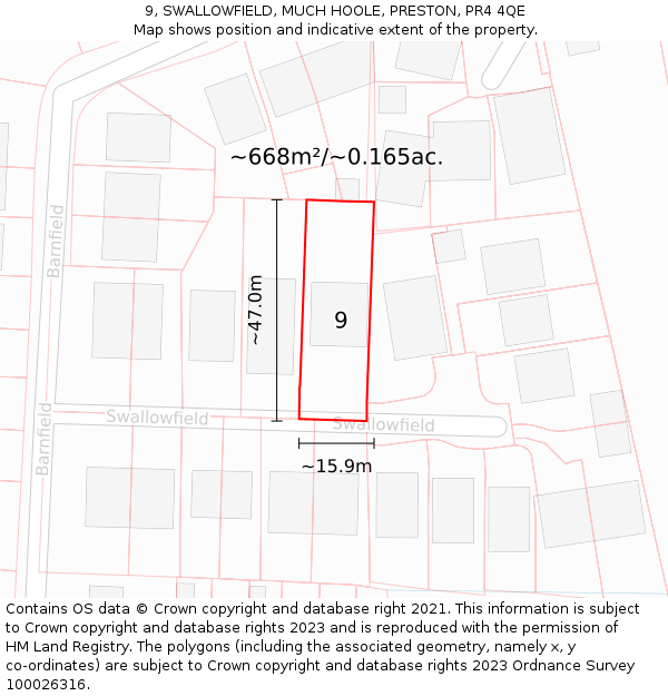 9, SWALLOWFIELD, MUCH HOOLE, PRESTON, PR4 4QE: Plot and title map