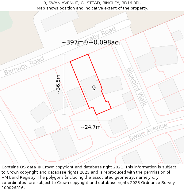 9, SWAN AVENUE, GILSTEAD, BINGLEY, BD16 3PU: Plot and title map