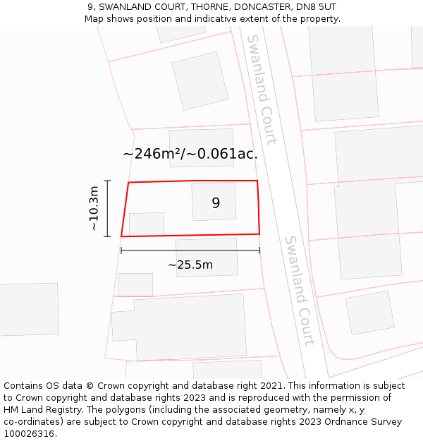 9, SWANLAND COURT, THORNE, DONCASTER, DN8 5UT: Plot and title map