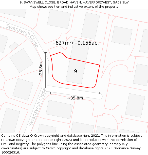 9, SWANSWELL CLOSE, BROAD HAVEN, HAVERFORDWEST, SA62 3LW: Plot and title map
