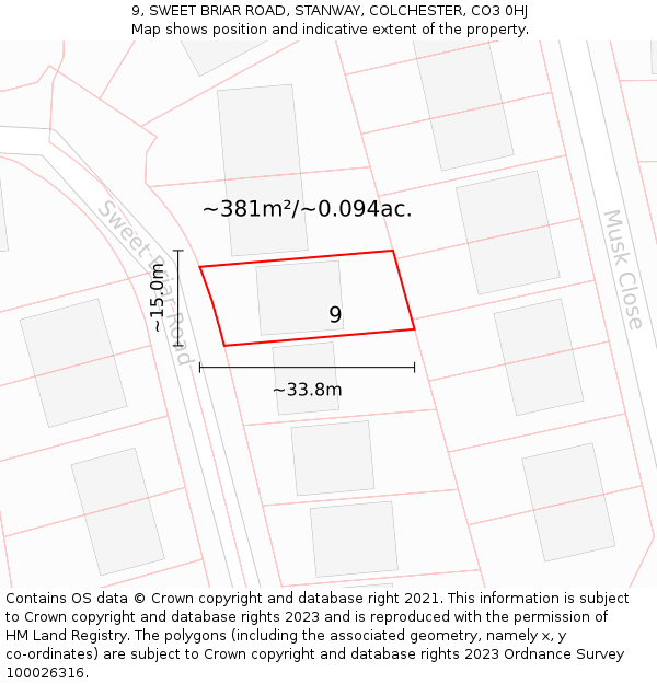 9, SWEET BRIAR ROAD, STANWAY, COLCHESTER, CO3 0HJ: Plot and title map