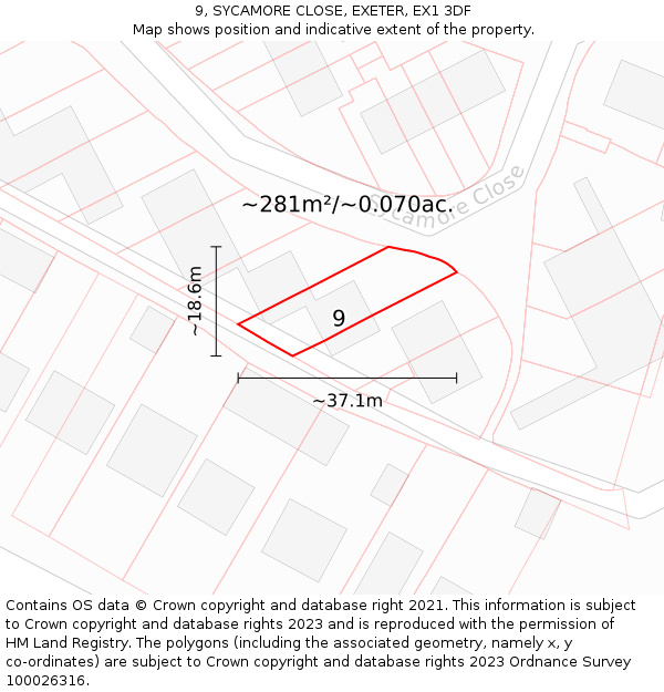 9, SYCAMORE CLOSE, EXETER, EX1 3DF: Plot and title map