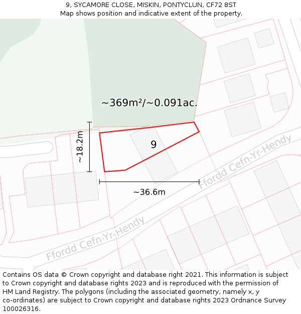 9, SYCAMORE CLOSE, MISKIN, PONTYCLUN, CF72 8ST: Plot and title map