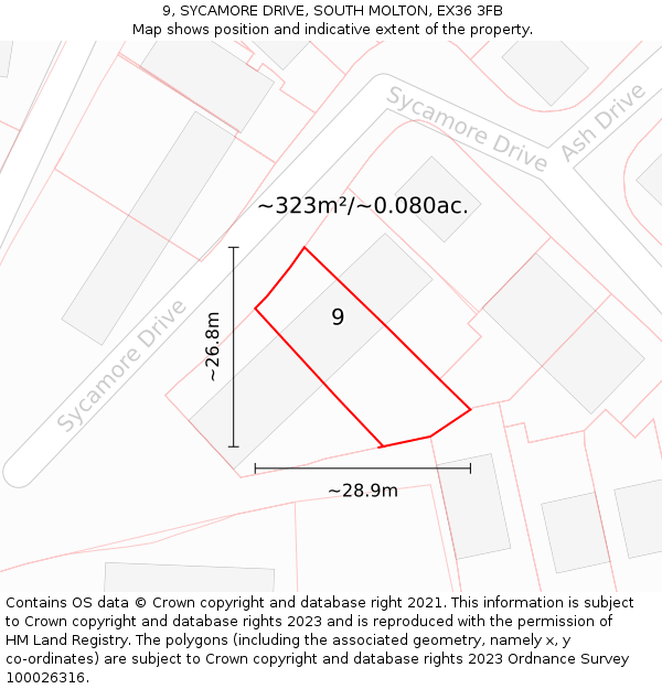 9, SYCAMORE DRIVE, SOUTH MOLTON, EX36 3FB: Plot and title map