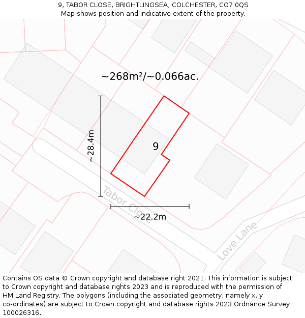 9, TABOR CLOSE, BRIGHTLINGSEA, COLCHESTER, CO7 0QS: Plot and title map