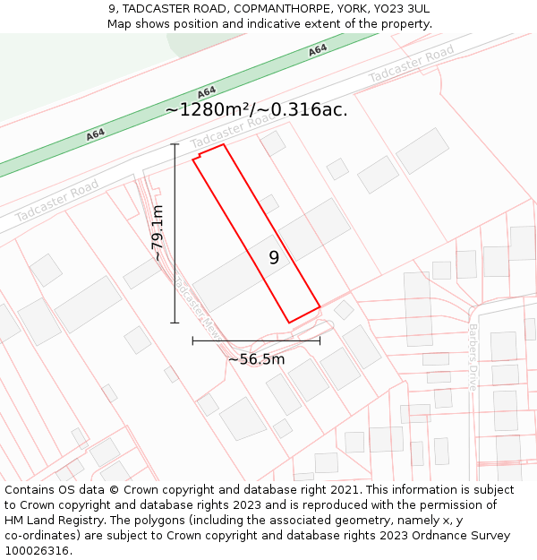 9, TADCASTER ROAD, COPMANTHORPE, YORK, YO23 3UL: Plot and title map
