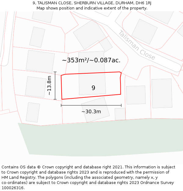 9, TALISMAN CLOSE, SHERBURN VILLAGE, DURHAM, DH6 1RJ: Plot and title map