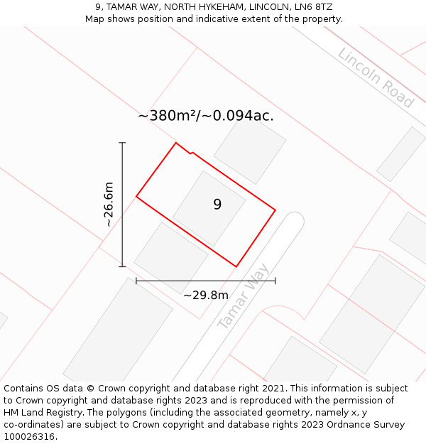 9, TAMAR WAY, NORTH HYKEHAM, LINCOLN, LN6 8TZ: Plot and title map